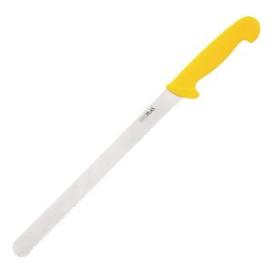 Blade length: 12". Serrated. Yellow handle.