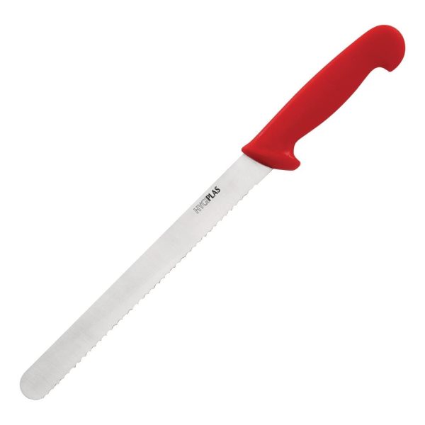 Blade length: 10". Weight: 110g. Serrated. Red handle.
