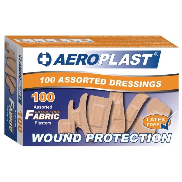 100 plasters. 6 sizes including finger tip, strip, square, patch, standard and knuckle plasters