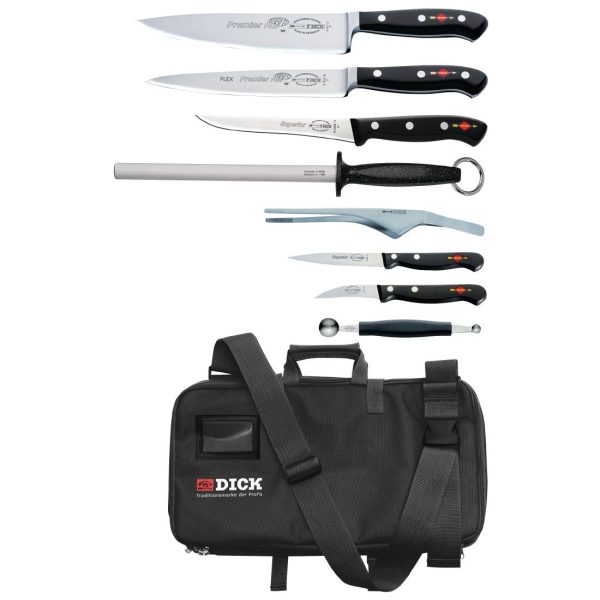 Chefs Knife, Kitchen Knife, Fillet Knife, Boning Knife, Peeling Knife, Utility Tongs, Steel, Double Melon Baller and Roll Bag