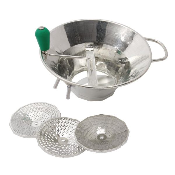 Tinned steel. Size: 12 1/2"/ 310mm. Comes supplied with three different sizes of sieve.