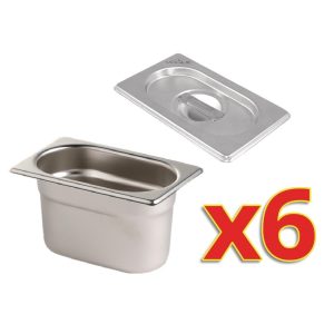 6 x 1/9 GN pans (6 x K825) and lids. 100mm deep. For use with wire stand (CC051).