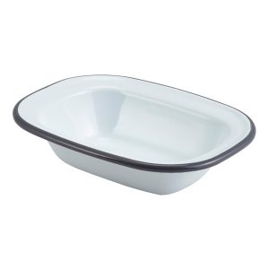 Enamel Rect. Pie Dish White with Grey Rim 16cm QTY:12