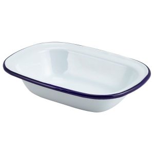 Enamel Rect. Pie Dish White & Blue 18cm QTY:12