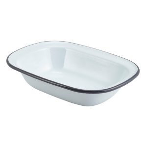 Enamel Rect. Pie Dish White with Grey Rim 20cm QTY:12