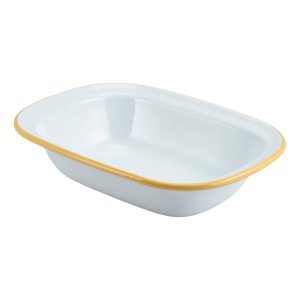 Enamel Rect. Pie Dish White with Yellow Rim 20cm QTY:12