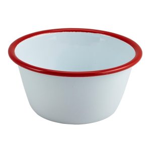 Enamel Round Deep Pie Dish White with Red Rim 12cm QTY:12