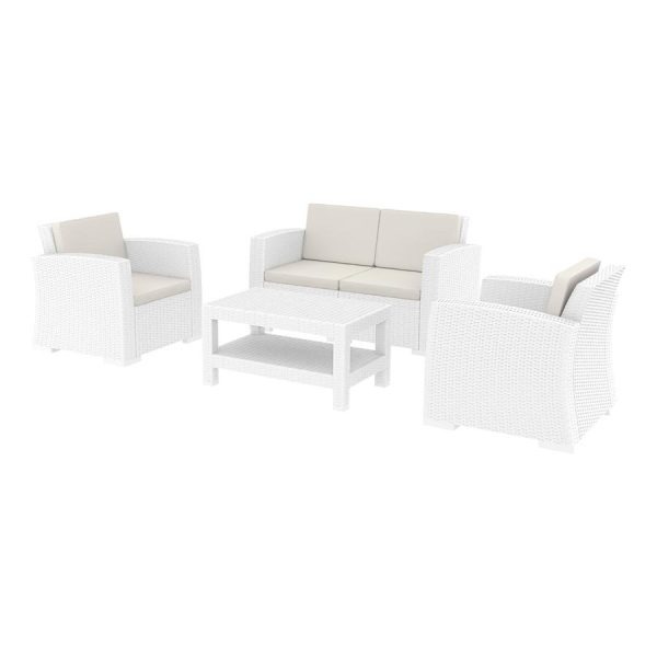 Monaco Rattan Lounge Set – White Inc. Beige Cushions
