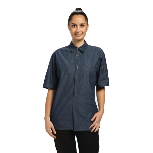 Chef Works Detroit Unisex Denim Shirt Short Sleeve Blue XL