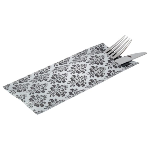 Europochette White with Vintage Design Cutlery Pouch with Black Napkin (Pack of 100)