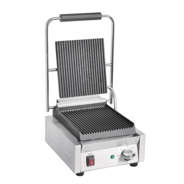 Power: 1.5kW. Single grill. Ribbed upper & lower plates