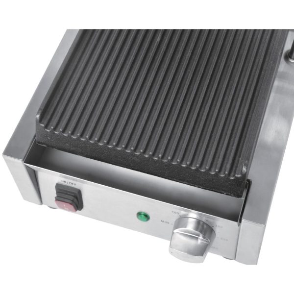 Power: 1.5kW. Single grill. Ribbed upper & lower plates