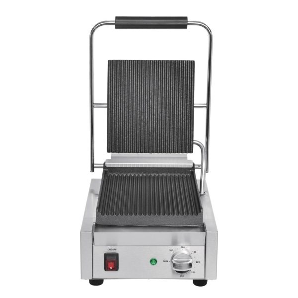 Power: 1.5kW. Single grill. Ribbed upper & lower plates