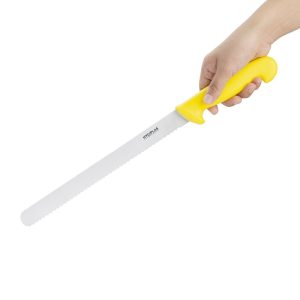 Blade length: 12". Serrated. Yellow handle.