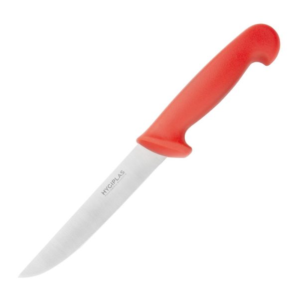 Blade length: 6". Weight: 110g. Red for raw meats