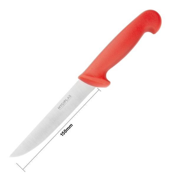 Blade length: 6". Weight: 110g. Red for raw meats