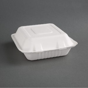 Fiesta Green Compostable Bagasse Three-Compartment Hinged Food Containers 201mm (Pack of 200)