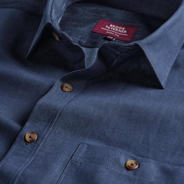 Brook Taverner Mens Jasper Long Sleeve Chambray Shirt Navy 16″