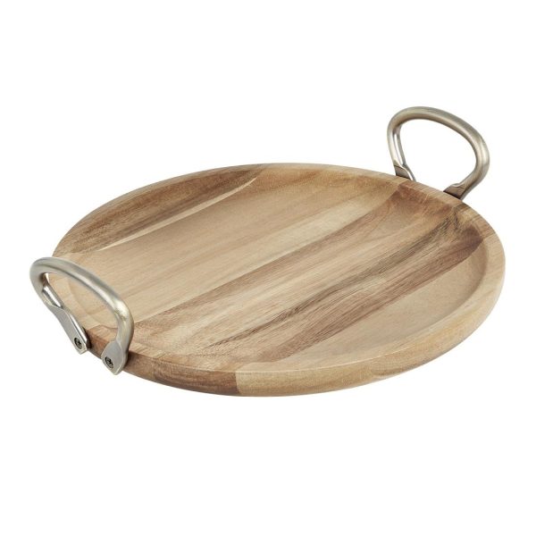 Olympia Round Dish Acacia Wood With Metal Handles 345x305x80mm