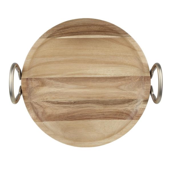 Olympia Round Dish Acacia Wood With Metal Handles 345x305x80mm