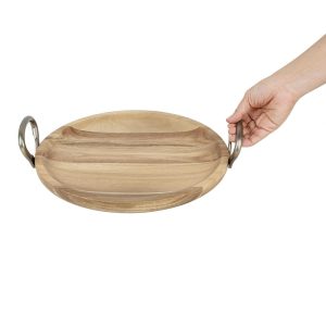Olympia Round Dish Acacia Wood With Metal Handles 345x305x80mm
