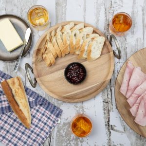 Olympia Round Dish Acacia Wood With Metal Handles 345x305x80mm