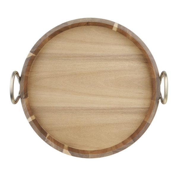 Olympia Round Tray Acacia Wood with Metal Handles 440x405x100mm