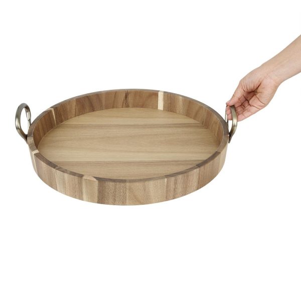 Olympia Round Tray Acacia Wood with Metal Handles 440x405x100mm