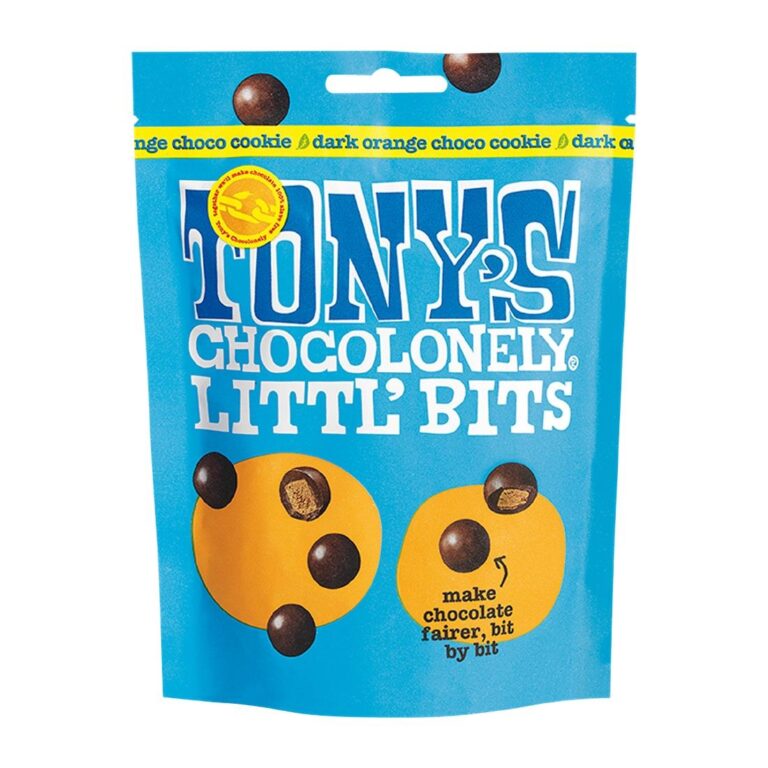 Tony’s Chocolonely Littl’ Bits – Dark Chocolate Orange Choco Cookie 100g (Pack of 8)
