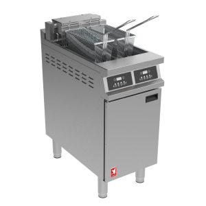 Falcon Dominator Plus E3845F2P Twin Pan Programmable Electric Twin Filtration Fryer on Feet