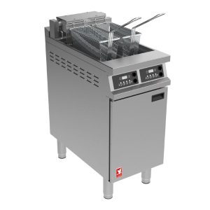 Falcon Dominator Plus E3845F2XP Twin Pan Programmable Electric Twin Filtration Angel Fryer on Feet