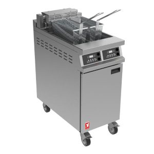 Falcon Dominator Plus E3845F2XP Twin Pan Programmable Electric Twin Filtration Angel Fryer on Castors