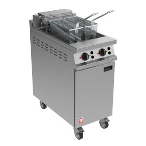 Falcon Dominator Plus E3845FX Twin Pan Electric Filtration Angel Fryer on Castors
